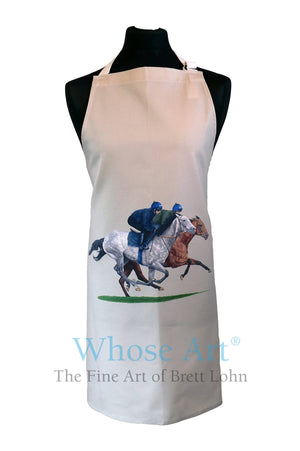 A painting of horses galloping featured on a cotton apron on a mannequin