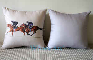 Painting of racehorses on a cushion