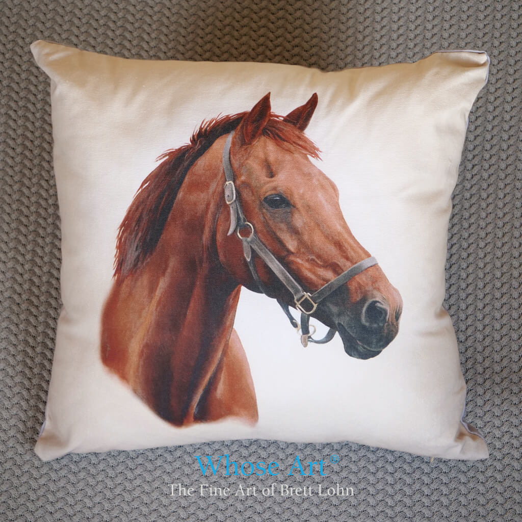 Painting of horse head on cushion. The horse is the legendary racehorse Kris.