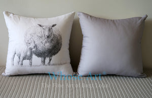 Sheep and lamb drawing reproduced on a cushion sat on a chest.