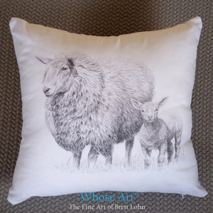 sheep and lamb fine art drawing, printed onto a cushion