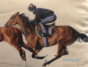 Racehorse galloping painting printed onto a cushion