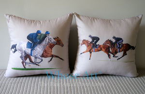 A fabulous pair of horse art cushions, each with a painting of racehorses galloping printed onto it.