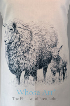 Close deatil of a beautiful drawing of a sheep and a lamb, reproduced on a fine art apron.