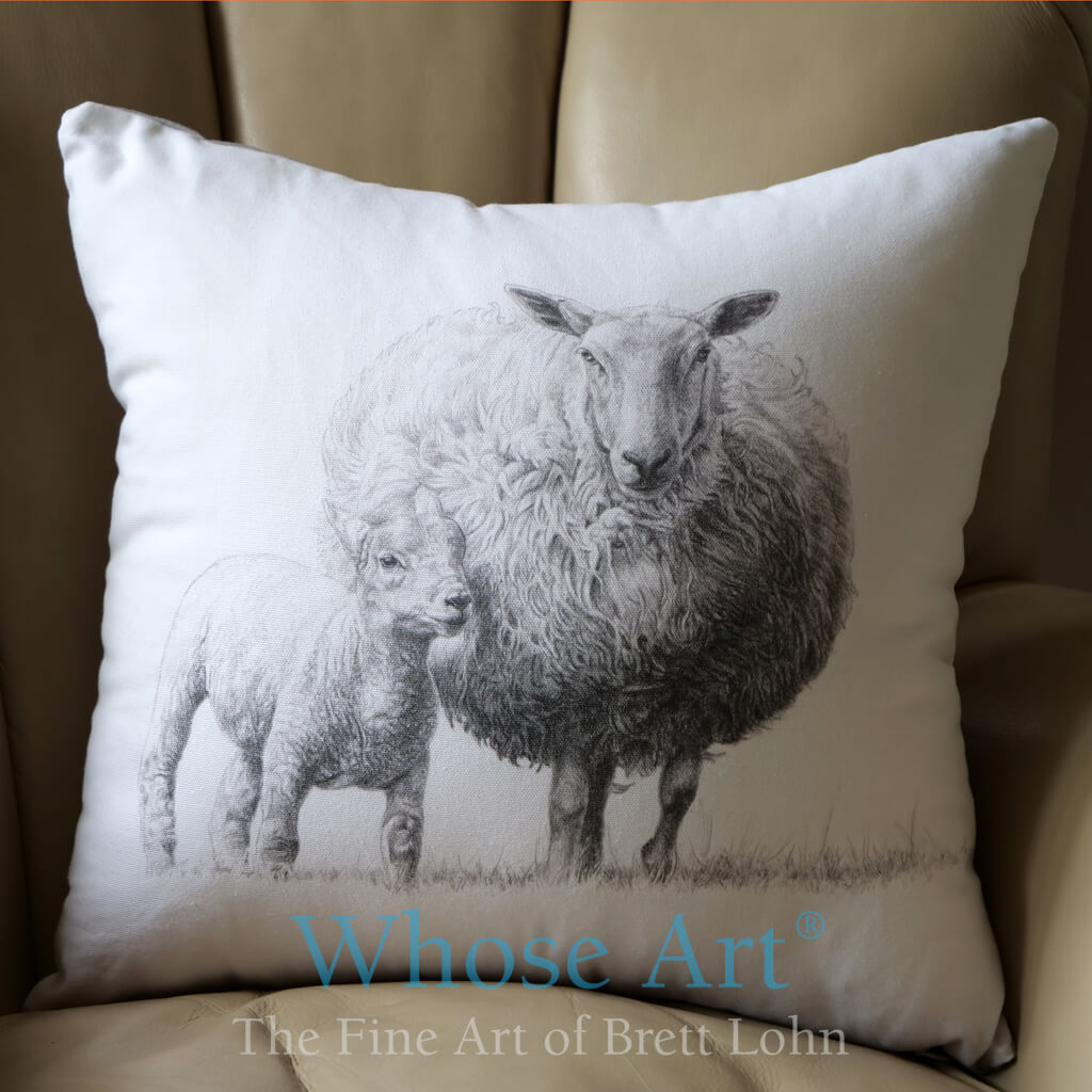 Lamb pencil drawing on a cushion on a leather chair