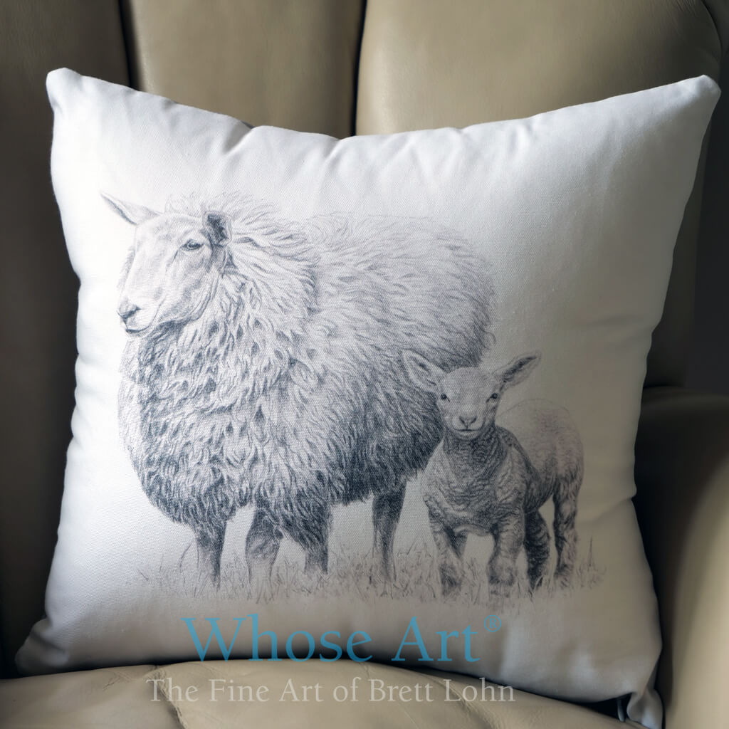 Beautiful drawing of sheep, reproduced on a fine art cushion