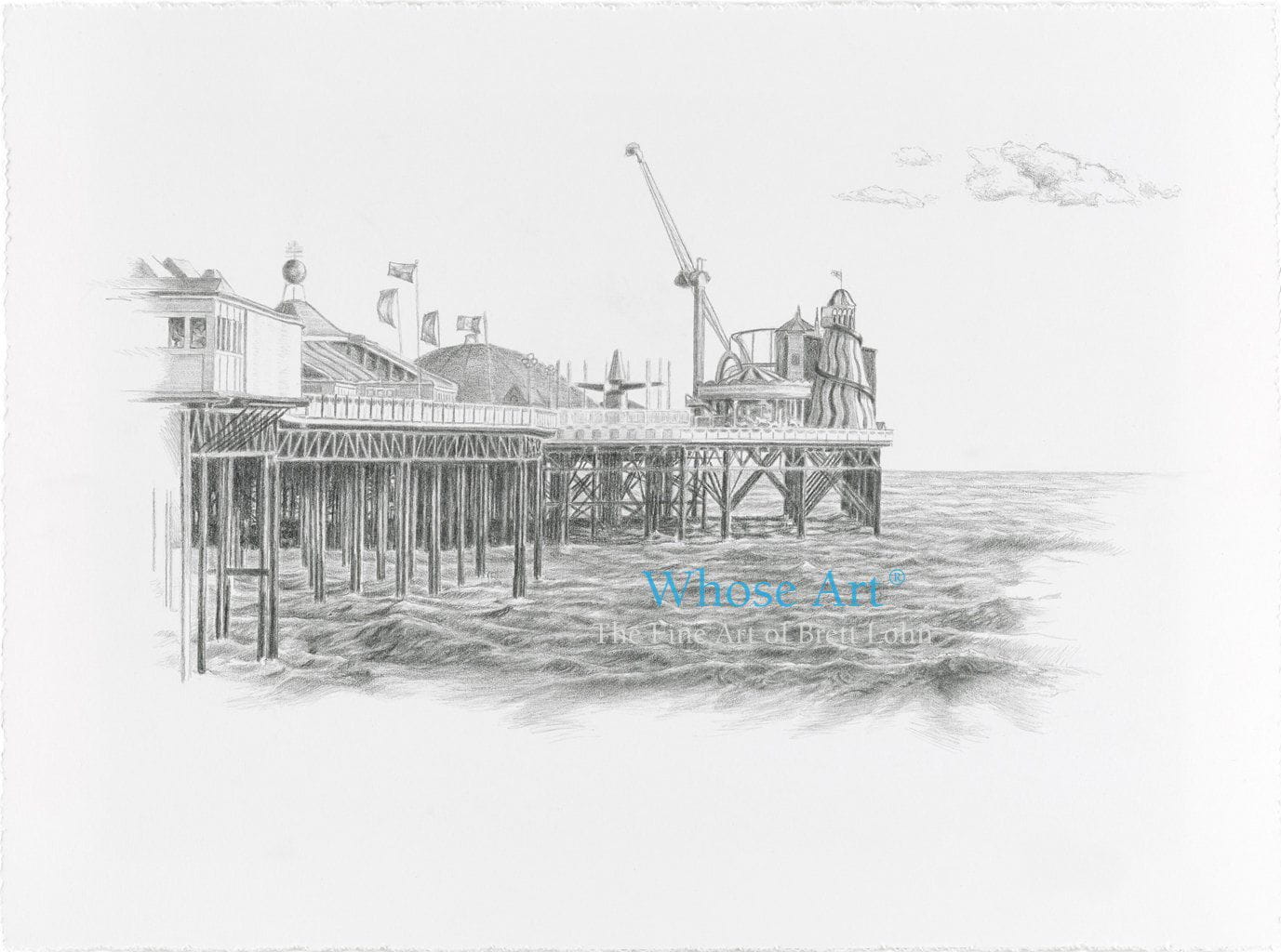Black and white art print of Brighton showing the Palace Pier fairground viewed from the shore. Drawn in pencil on paper.