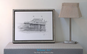 Canvas art print of Brighton Pier is a pencil drawing of the Palace pier itself. The canvas print is framed, resting by a wall
