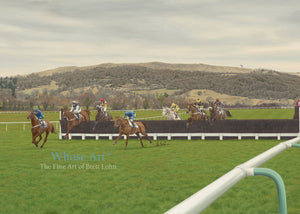 Cheltenham racing art card showing a painting of horses racing at cheltenham with Cleeve Hill behind. Painted in oils.
