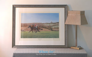 Framed Galloping horse wall art print of two horses in training on the landscape of Epsom Downs in the early spring Sunshine.
