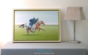 Grey Horse canvas wall art print of a painting depicting racehorses working on the gallops. Displayed in an interior design.