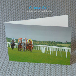 Racing Greeting Card showing an oil painting of horses running at Epsom Racecourse around the bend before Tattenham corner