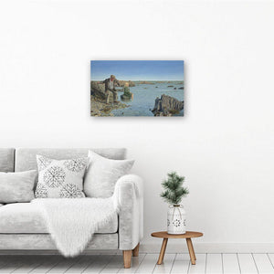Wall art picture printed on canvas, featuring a narrative painting of a man casting his cares by skimming stones. Hangs on wall
