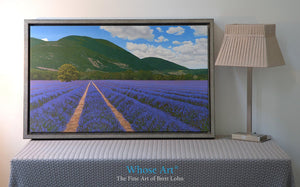 Lavender field canvas art print shows a beautiful oil painting of rows of lavender in Provence, France. Canvas print is framed