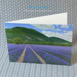 Lavender fields greeting card, blank inside, with a painting of lavender in a field in Provence beneath an azure sky