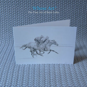 Pencil drawing horse art greeting card showing a drawing of a grey and bay horse galloping. the grey is dappled.