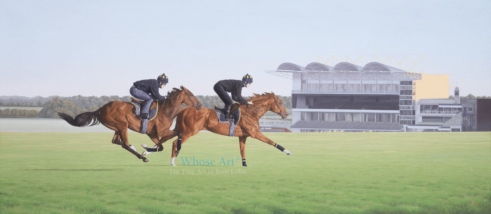 Wall Art print of running Horses painted in oil on canvas. The horses are Bays galloping at Newmarket on the Summer Canter