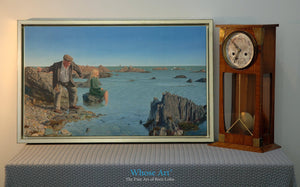 Seascape canvas art print from a narrative art oil painting showing an old man with a young woman by the sea. Framed in gold.