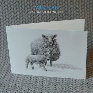 Sheep Art Card of a lamb and a sheep together, drawn in pencil. The lamb is bravely walking ahead of the watching sheep