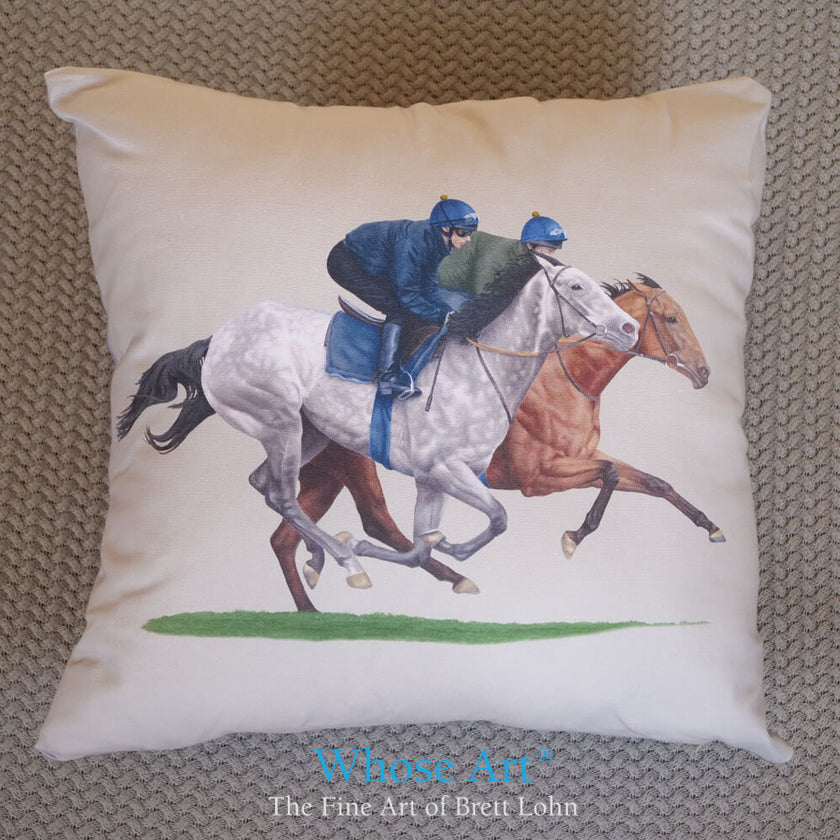 horse racing gift idea cushion with horses galloping art painting printed on the front