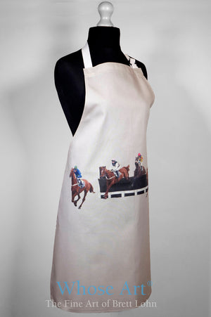 cheltenham racecourse gift idea apron with horses racing pictured on the front