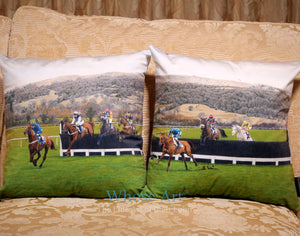 interior decor cushions featuring a scene of horse racing at cheltenham racecourse