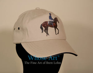 Equestrian fashion baseball cap with a painting of the racehorse Yeats featured on the front