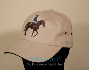 Equestrian horse racing hat with a racehorse and jockey painting on the front