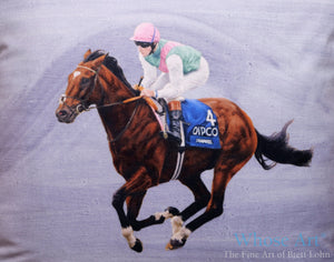 Close detail of a racehorse printed on a cushion with an equestrian decor theme. The horse is Frankel.