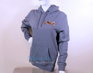 horse racing gifts ideas of a sweatshirt with horses and racehorses painted on the front