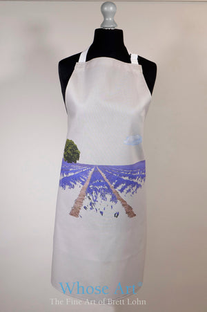 Cookware apron with lavender field painting printed on the front.