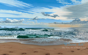 Seascape oil painting of waves crashing against a sandy beach