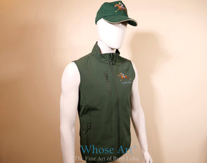 Racehorse gifts for him: a green bodywarmer with a picture of a racehorse and jockey on the front