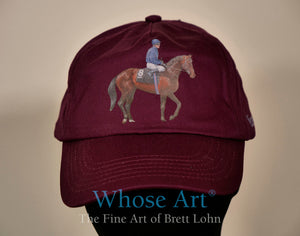 Horse Racing hat design wit ha racehorse and jockey painting printed in detail onto the front panel