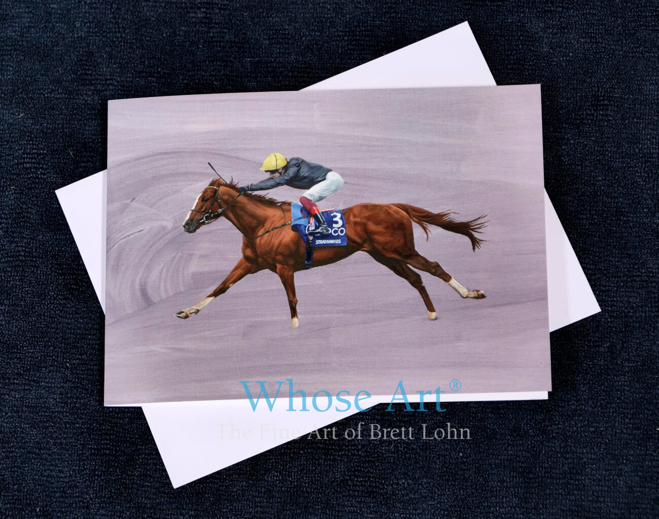 Stradivarius the racehorse painted in oils on the front of a horse racing greeting card.