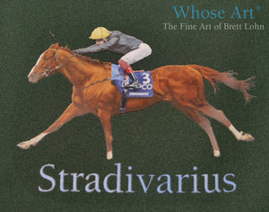 Stradivarius horse gift idea for her showing the racehorse Stradivarius and jockey Frankie Dettori painted ont othe fabric of a womens coat.