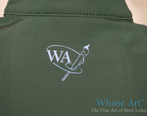 Whose Art clothing branding logo on the back of a green gilet