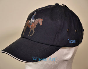 Yeats horse hat in navy colour with Yeats and jockey Fallon printed onto the front