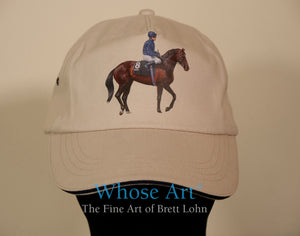 Yeats racehorse design hat with a painting of the racehorse Yeats printed on the front