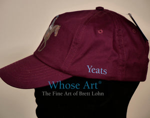 Yeats racehorse design on a burgundy horse racing hat.