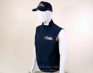 clothes for horse riding, a cap and bodywarmer with a painting of horse racing on the front