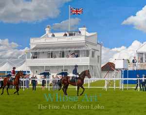 Coronation Cup horse racing painting featuring Yeats going to Post for the Coronation Cup at Epsom. The Prince's stand dominates the background.