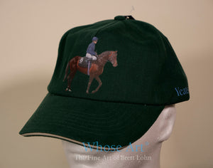 horse racing baseball cap featuring a racehorse design on the front. The hat is green. The racehorse is Yeats.