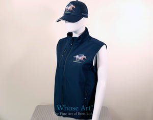 equestrian bodywarmer for women with a horse painting design showing racehorses galloping