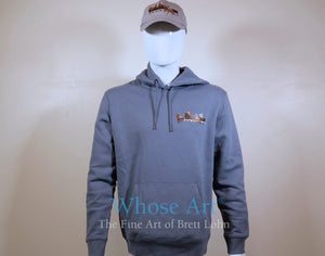 equestrian clothing hoodie in a grey colour with a horse racing painting printed onto the front chest