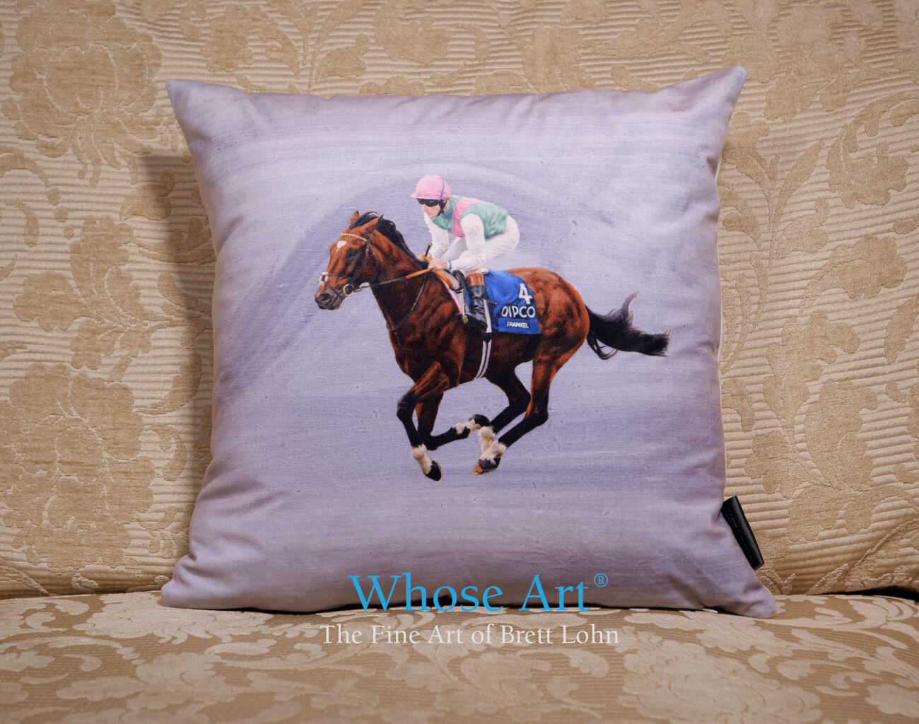 Horse racing gift cushion with Frankel Horse printed onto it