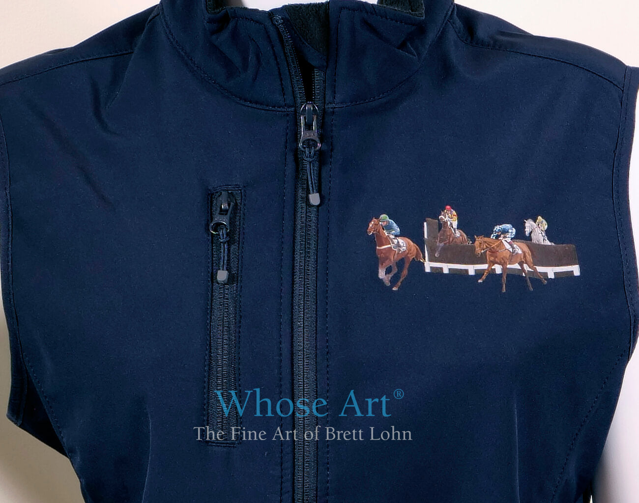 equestrian gift ideas bodywarmer gilet with a horse racing painting printed on the front