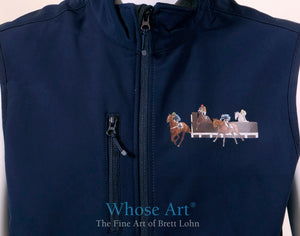 equine bodywarmer with a picture of racehorses jumping a fence