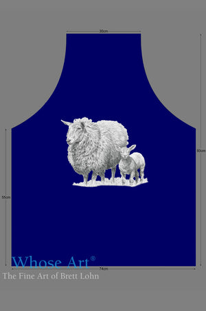 Beautiful sheep apron featuring a drawing of sheep and lamb. Picture includes apron dimensions.