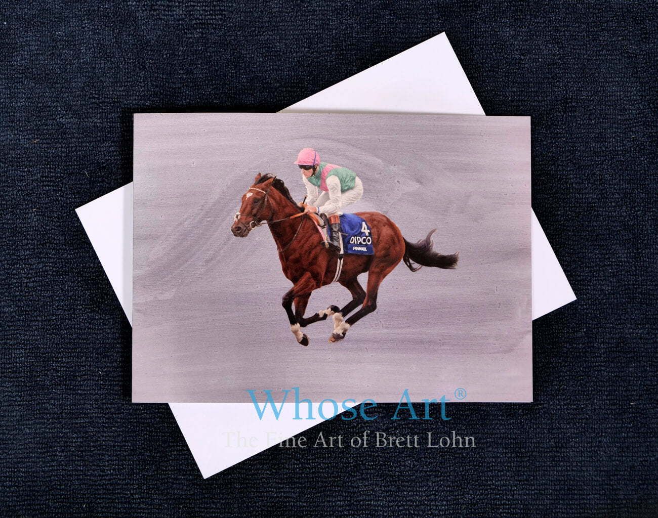 Frankel horse racing greeting card. Painting of Frankel galloping, on the front of a greeting card